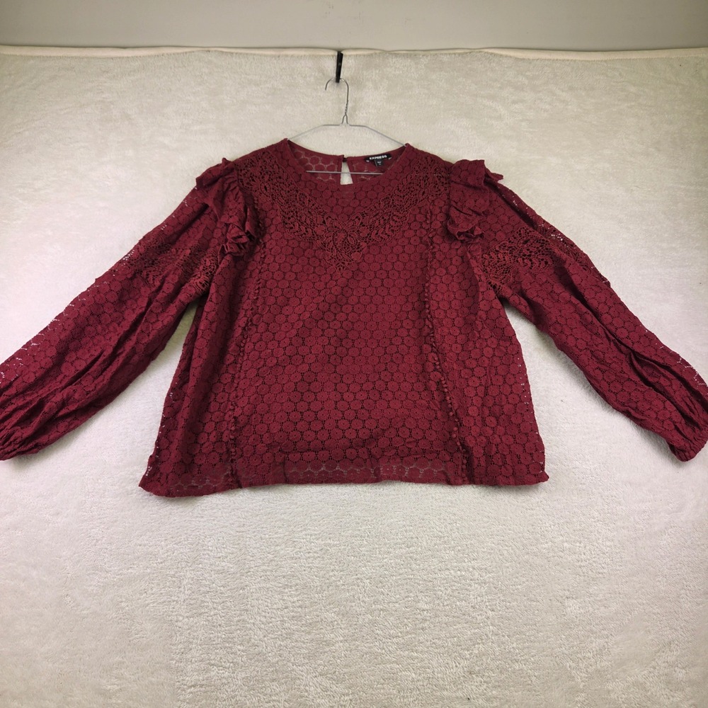 Express Womens XL Burgundy Floral Lace Ruffle Long Sleeve Crochet Yoke Top